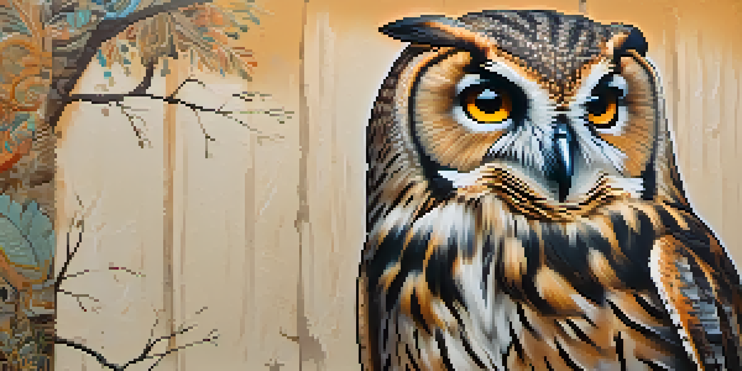 A close-up of a street art piece showing a wise owl on a branch, with intricate patterns and earthy colors against a faded wall.