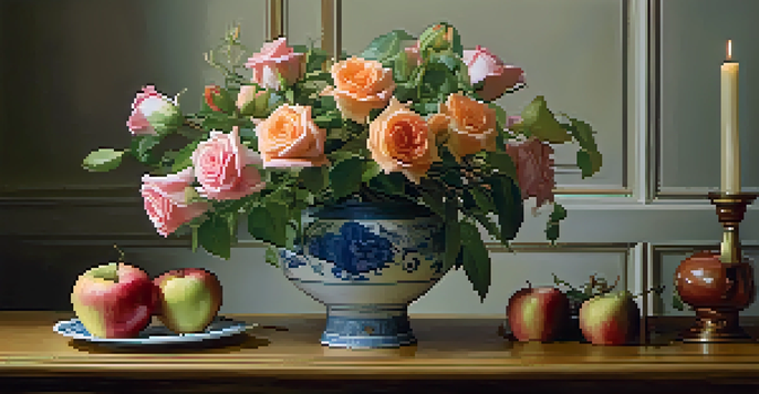 A still life composition with a bouquet of roses and lilies in a porcelain vase, surrounded by apples and a skull, showcasing themes of life and mortality.
