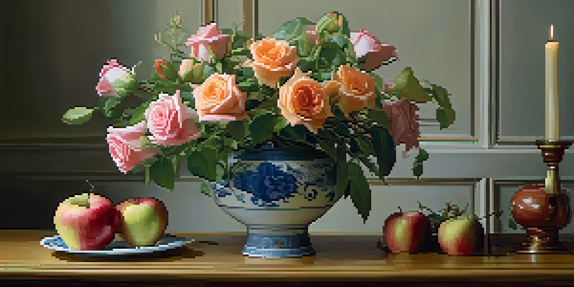 A still life composition with a bouquet of roses and lilies in a porcelain vase, surrounded by apples and a skull, showcasing themes of life and mortality.