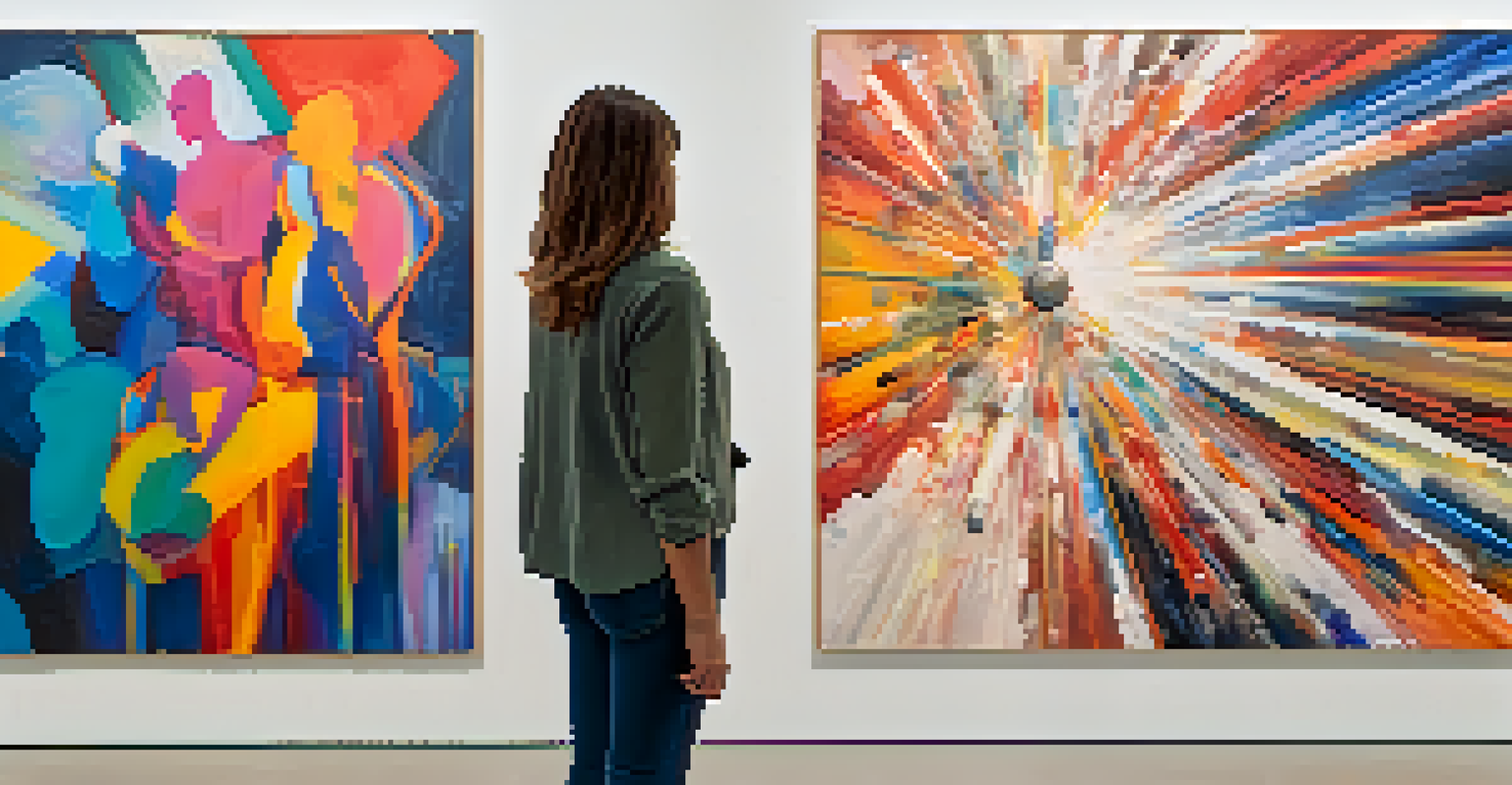 A confident woman artist standing in front of her vibrant abstract paintings in a modern gallery, showcasing her creativity.