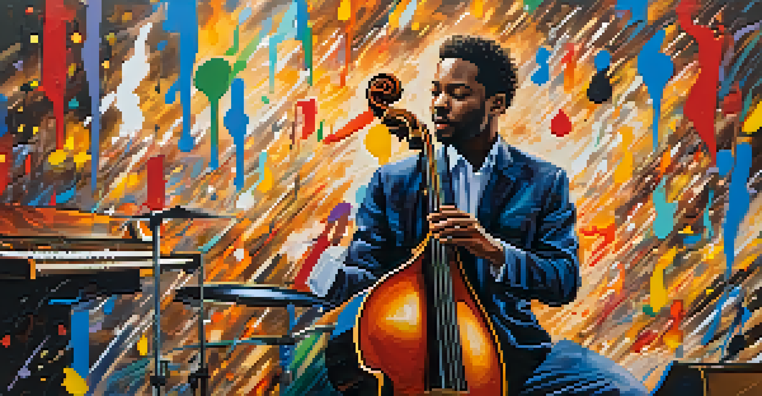 A contemporary artist painting in a studio, influenced by jazz music, with vibrant colors and energetic brushstrokes.