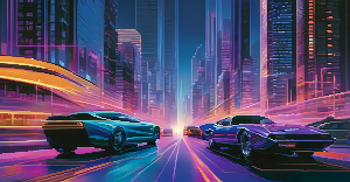 A futuristic cityscape with modern skyscrapers and moving vehicles, illuminated by neon lights at dusk.