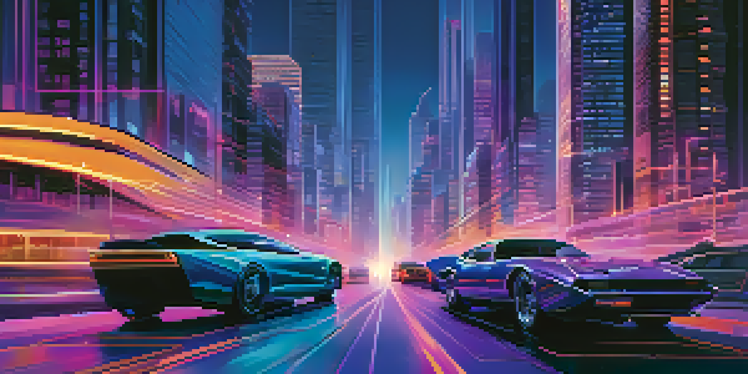 A futuristic cityscape with modern skyscrapers and moving vehicles, illuminated by neon lights at dusk.