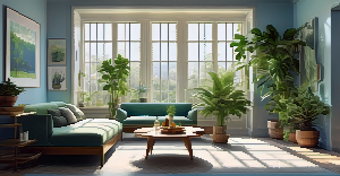 A serene room with soft blue and green walls, large windows, and lush plants, creating a calming atmosphere.