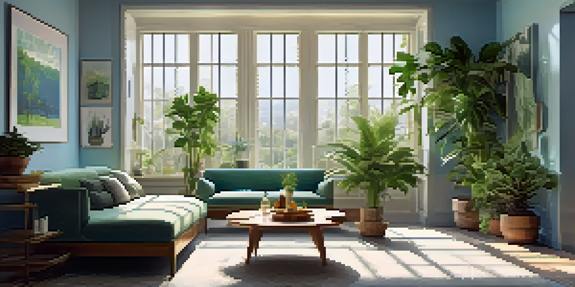 A serene room with soft blue and green walls, large windows, and lush plants, creating a calming atmosphere.
