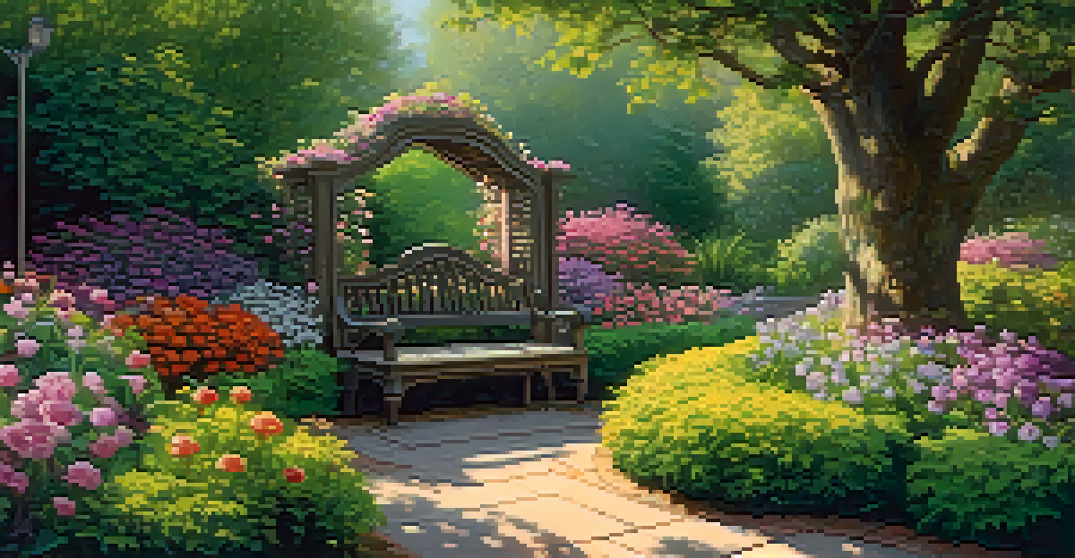 A tranquil garden with blooming flowers and a pathway leading to a bench, illuminated by morning light.