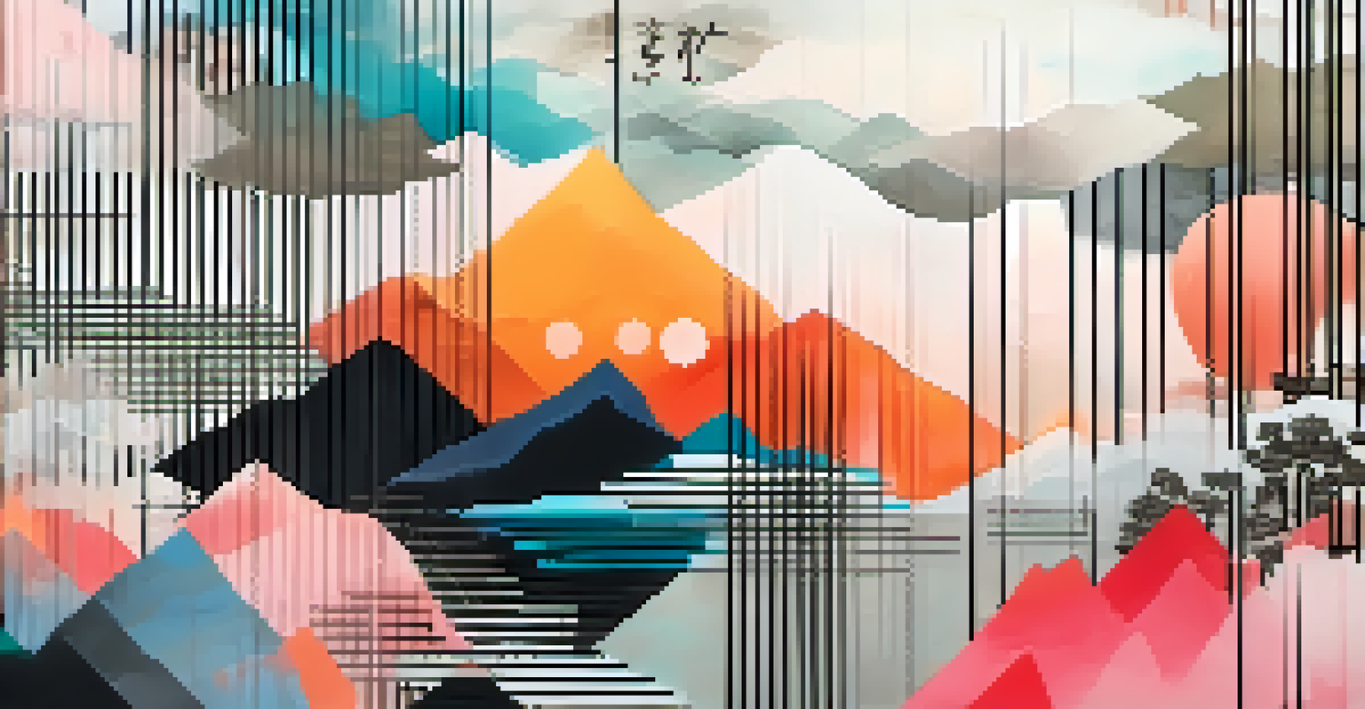 A digital art piece blending traditional Chinese ink techniques with modern geometric patterns in soft pastels and vibrant colors.