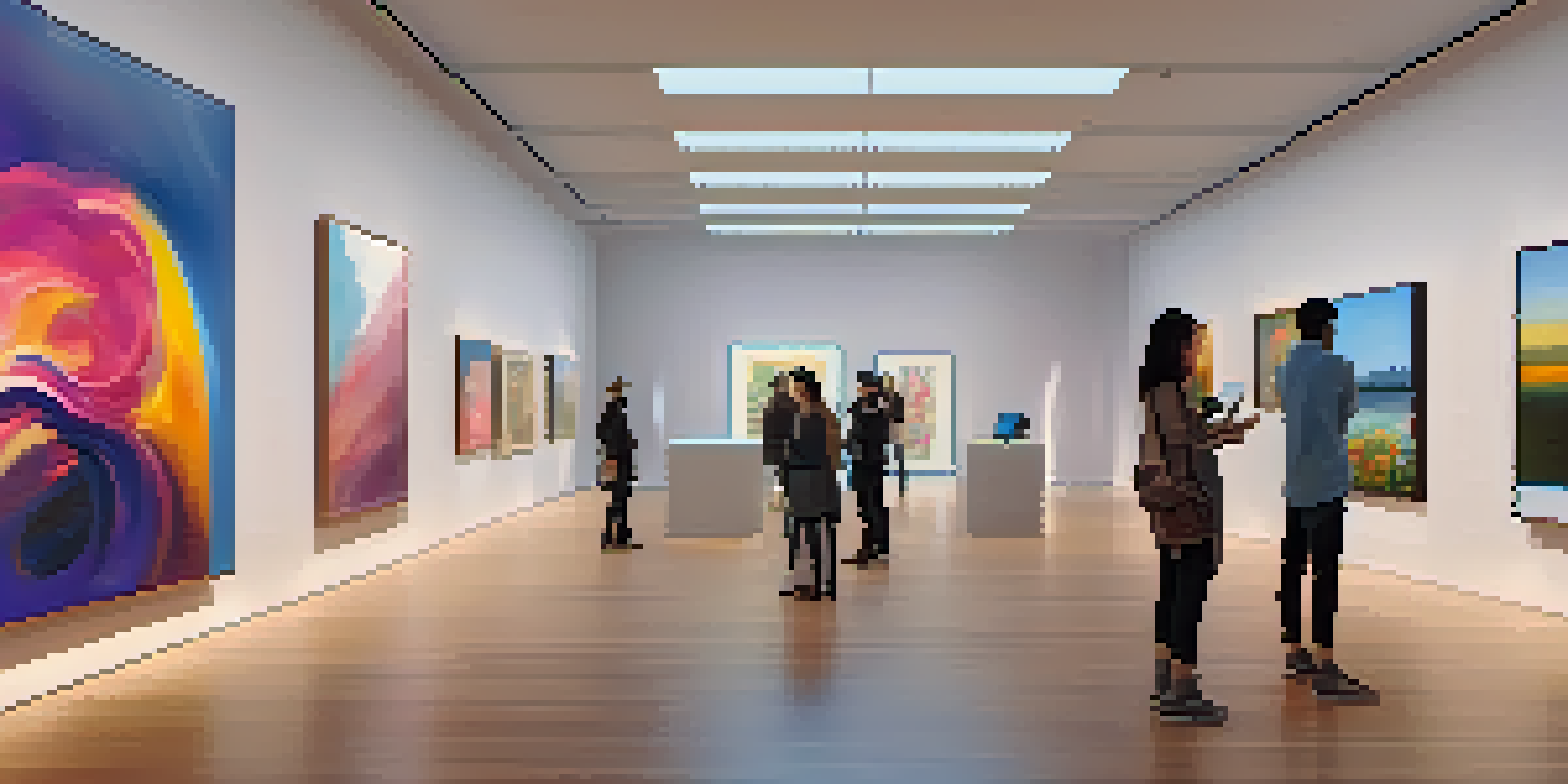 A virtual art gallery filled with colorful digital artworks and visitors engaging with augmented reality displays.