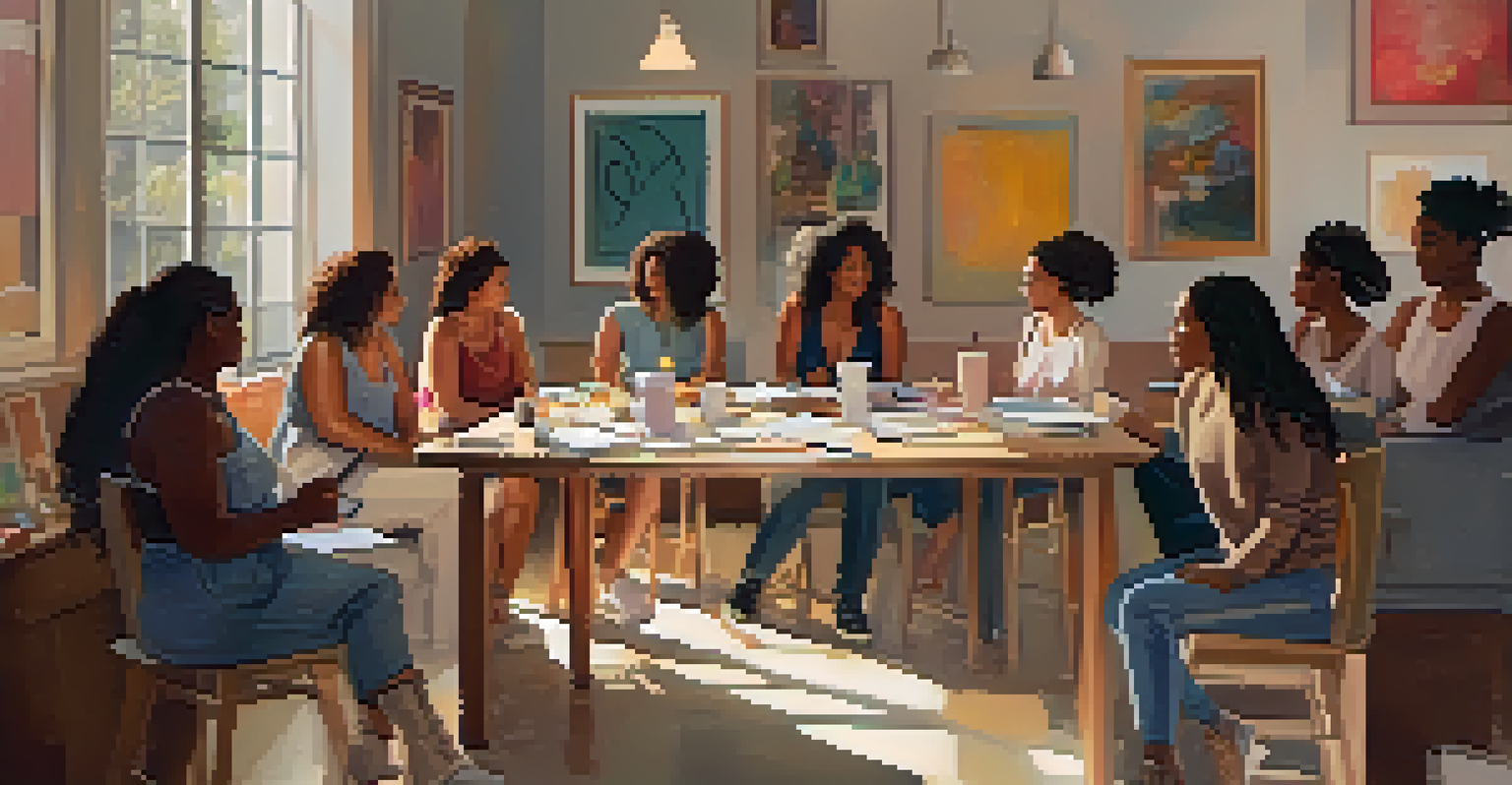 Women artists participating in a workshop discussing body positivity, surrounded by warm lighting and art on the walls.