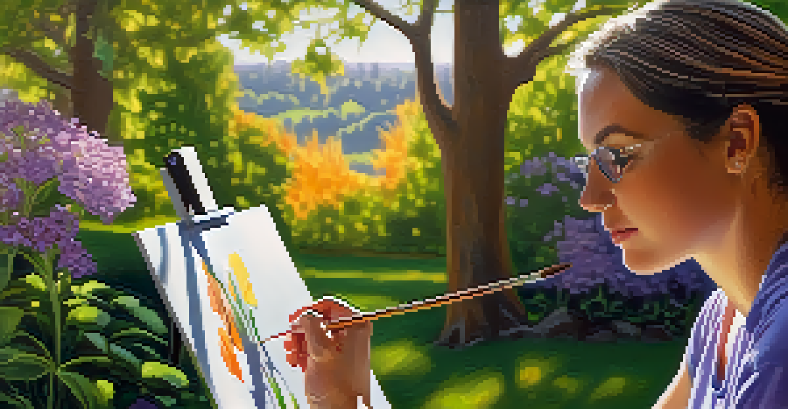 An artist painting outdoors with vibrant colors, surrounded by nature and dappled sunlight.