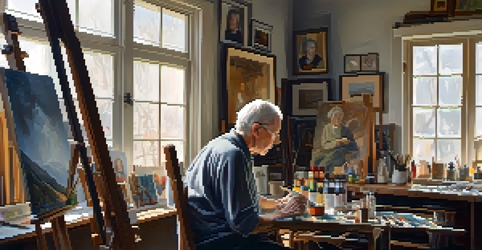 An elderly artist in a cozy studio, surrounded by art supplies and illuminated by natural light, showcasing their thoughtful expression.