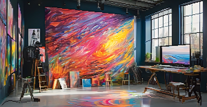 An artist in a 3D virtual reality studio, creating an abstract painting with colorful brush strokes floating around them.
