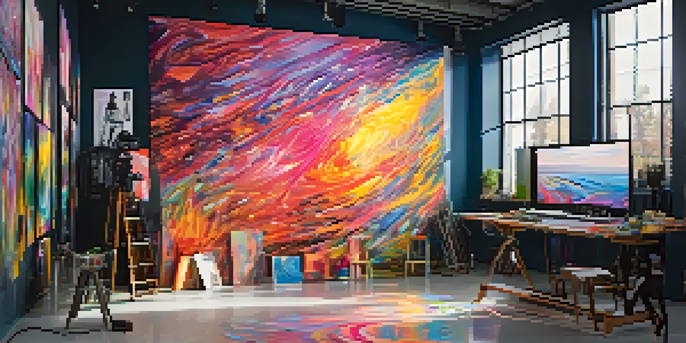 An artist in a 3D virtual reality studio, creating an abstract painting with colorful brush strokes floating around them.