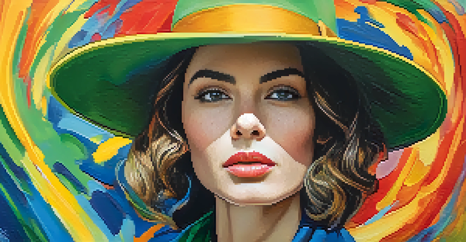 A vibrant portrait of a woman with a hat, featuring exaggerated colors and simplified features.