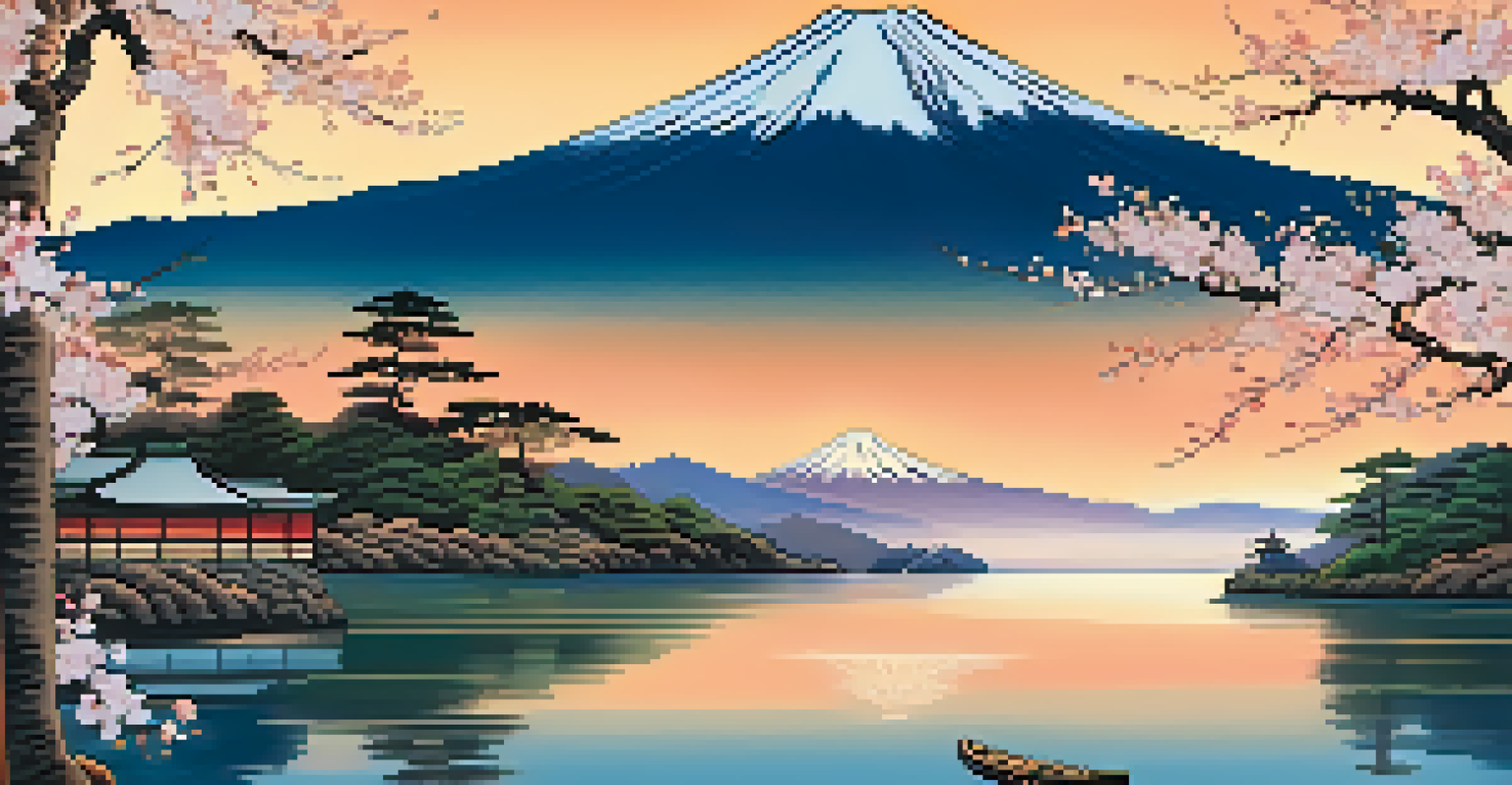 A picturesque landscape with Mount Fuji, cherry blossoms, and a tranquil pond at sunset, reflecting the beauty of nature in an Ukiyo-e style.