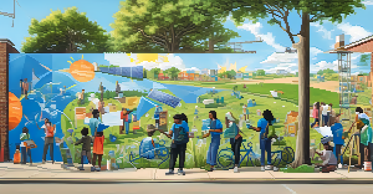 Community members collaboratively painting a mural focused on sustainability, featuring recycling symbols and green landscapes under a clear sky.