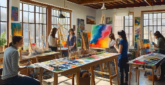 A bright and lively art studio with students discussing and painting, surrounded by various art supplies and colorful artworks.