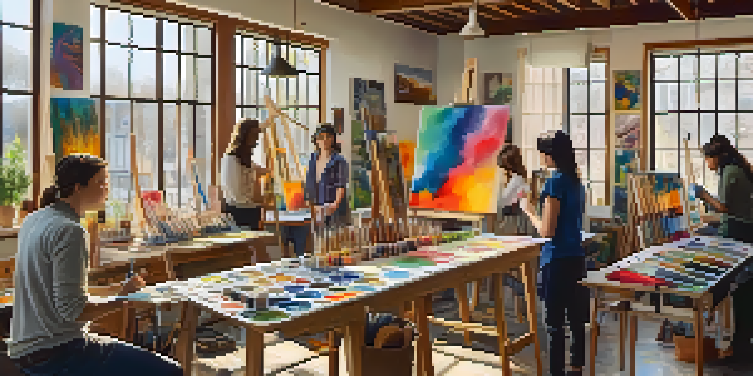 A bright and lively art studio with students discussing and painting, surrounded by various art supplies and colorful artworks.