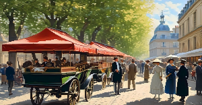 A colorful Impressionist painting of a busy 19th-century Paris street with people talking and a painter at work.
