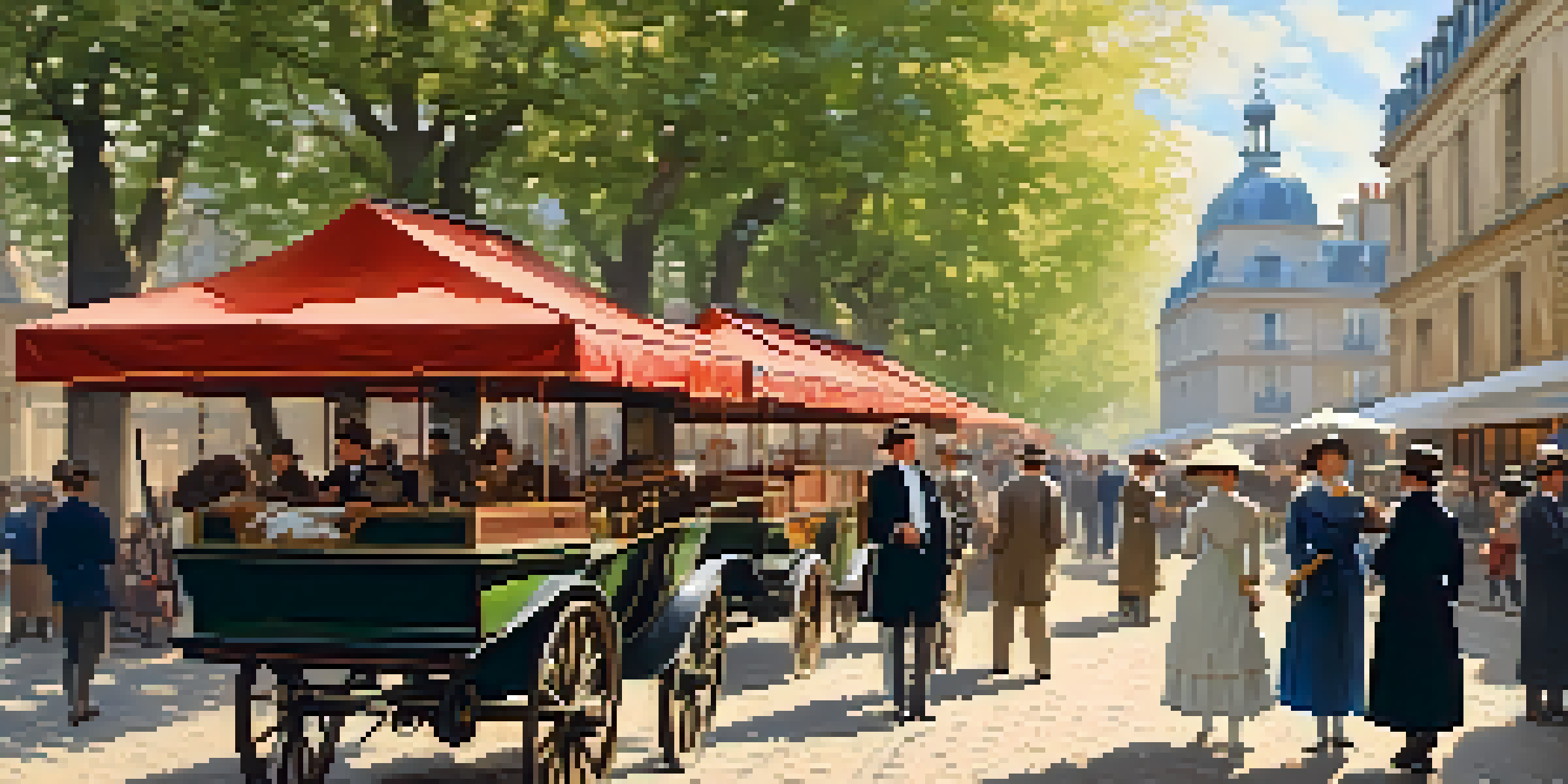 A colorful Impressionist painting of a busy 19th-century Paris street with people talking and a painter at work.