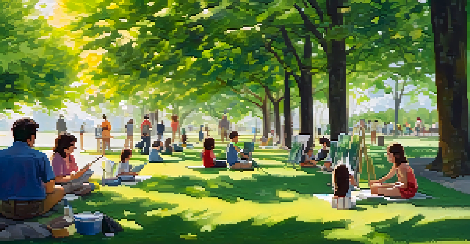 An outdoor art therapy session in a park, with participants painting on canvases under the sunlight, surrounded by trees and nature.