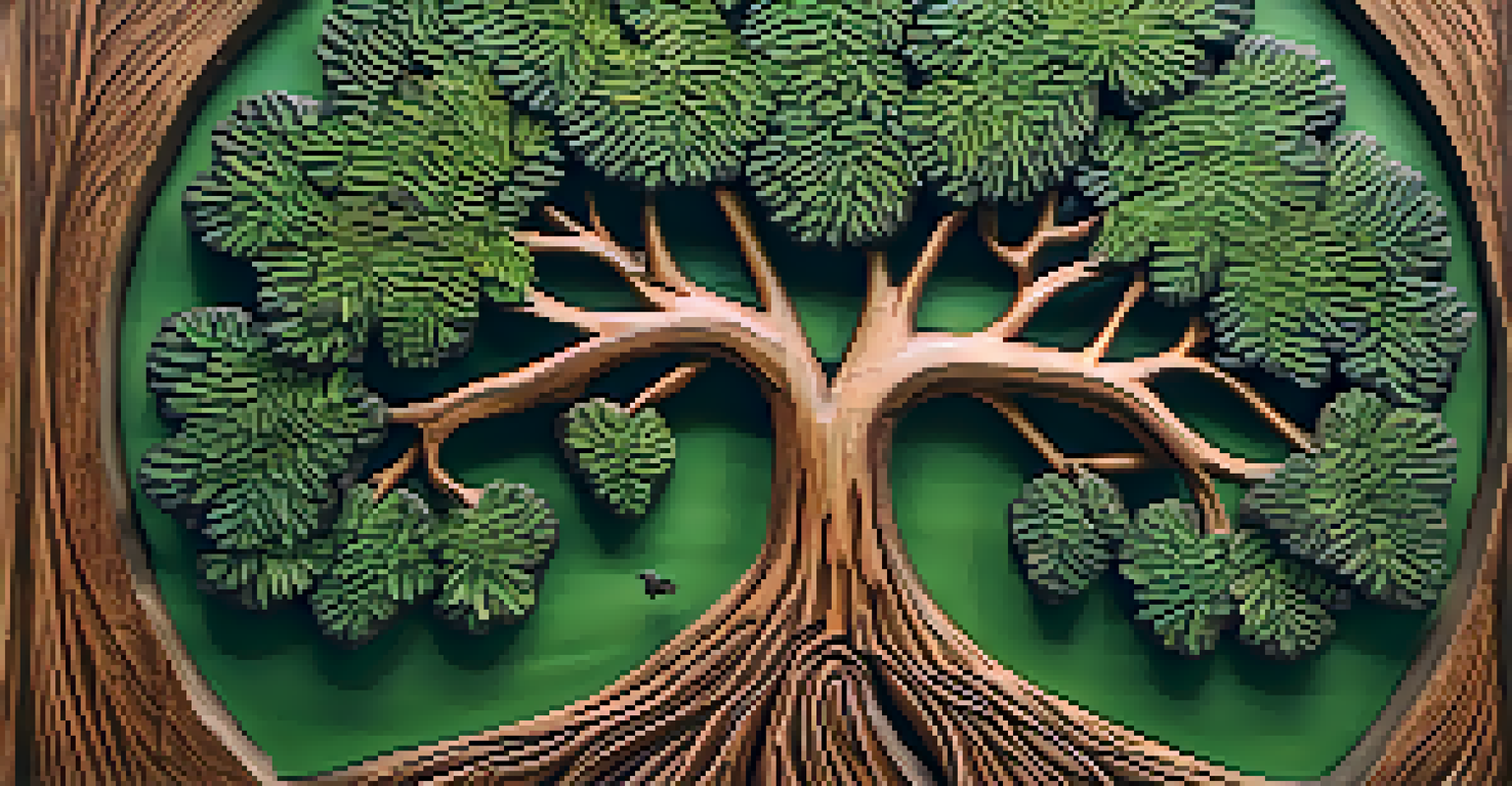 A detailed wooden carving of a tree with engravings, showing its bark texture and small birds, highlighting vibrant green and brown colors.
