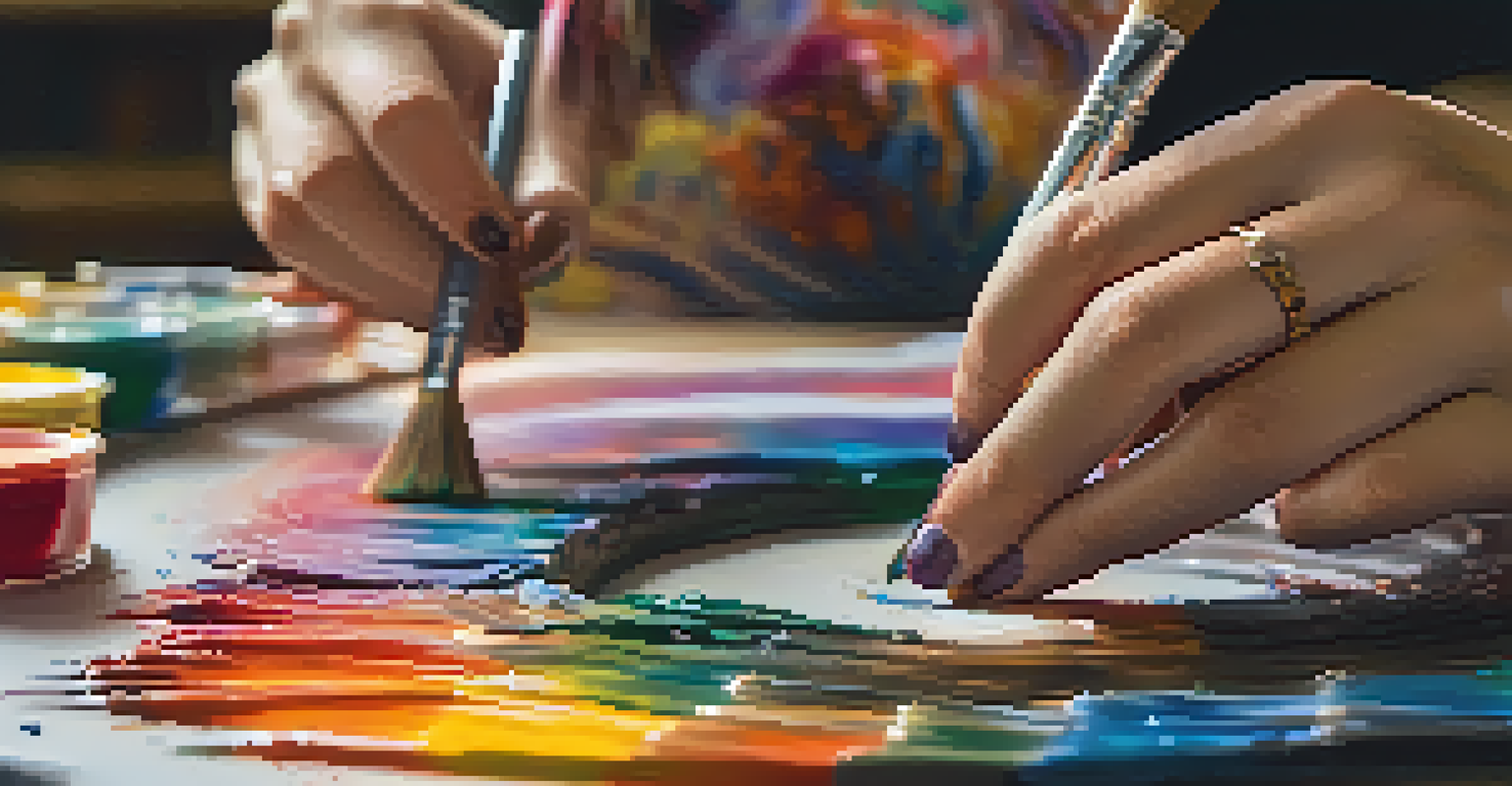 A close-up of a woman artist deeply focused on her painting, with colorful paint on her hands and a vibrant palette beside her, illuminated by warm light.