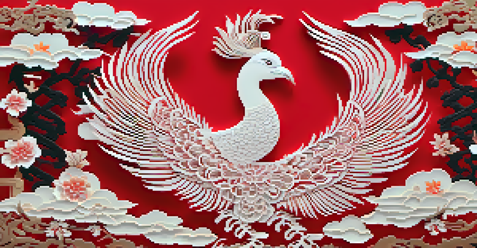 A delicate Chinese paper-cutting artwork featuring a phoenix and auspicious symbols on a red background.