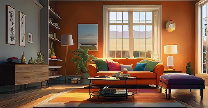 A cozy living room with warm hues, showcasing an orange sofa, colorful cushions, a wooden coffee table with tea, and sunset light streaming through a window.