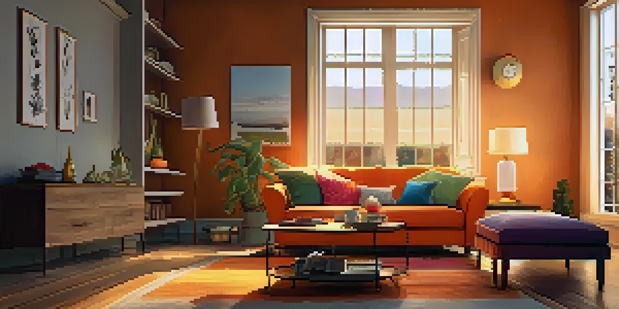 A cozy living room with warm hues, showcasing an orange sofa, colorful cushions, a wooden coffee table with tea, and sunset light streaming through a window.