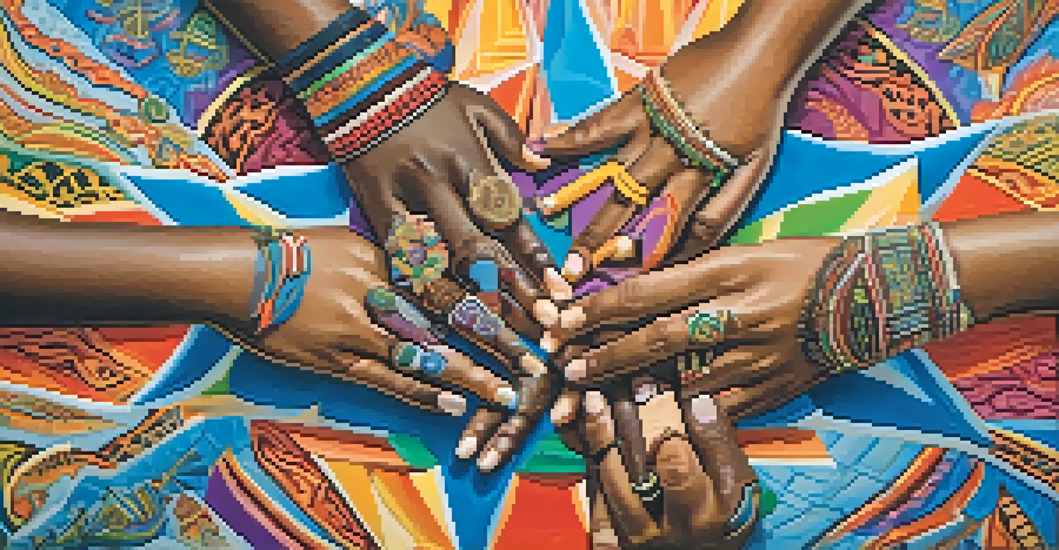 A close-up of diverse hands painting a mural with cultural symbols, surrounded by a colorful wall of artwork.