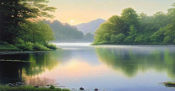 A peaceful valley at dawn with mist, a river, and distant mountains, showcasing the beauty of a natural landscape.