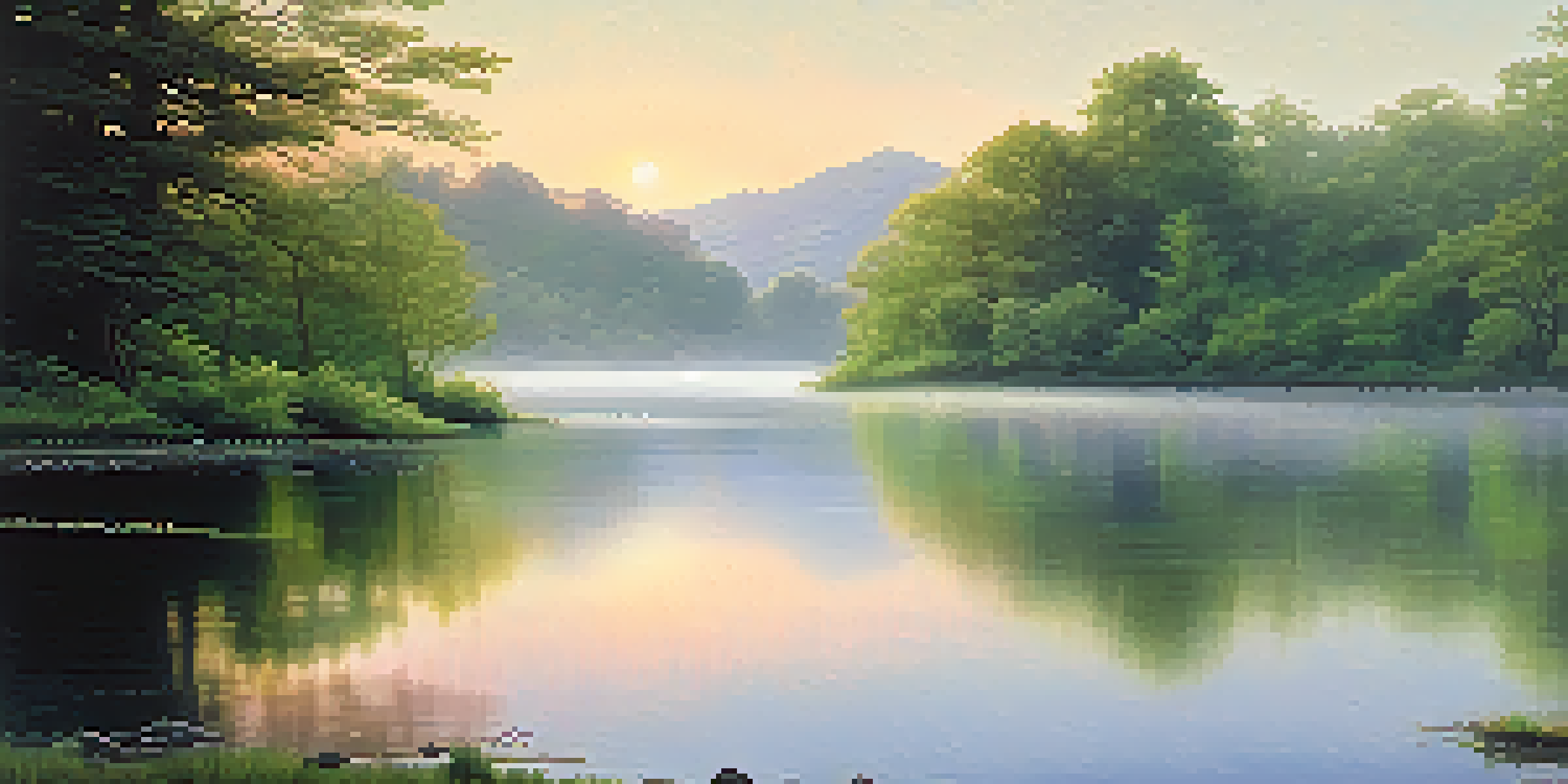 A peaceful valley at dawn with mist, a river, and distant mountains, showcasing the beauty of a natural landscape.