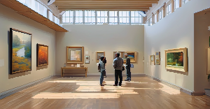A bright art gallery with visitors admiring various colorful paintings under natural light.