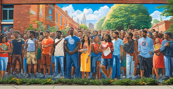 A colorful mural showing a diverse group of people peacefully protesting, surrounded by symbols of unity and cultural pride.