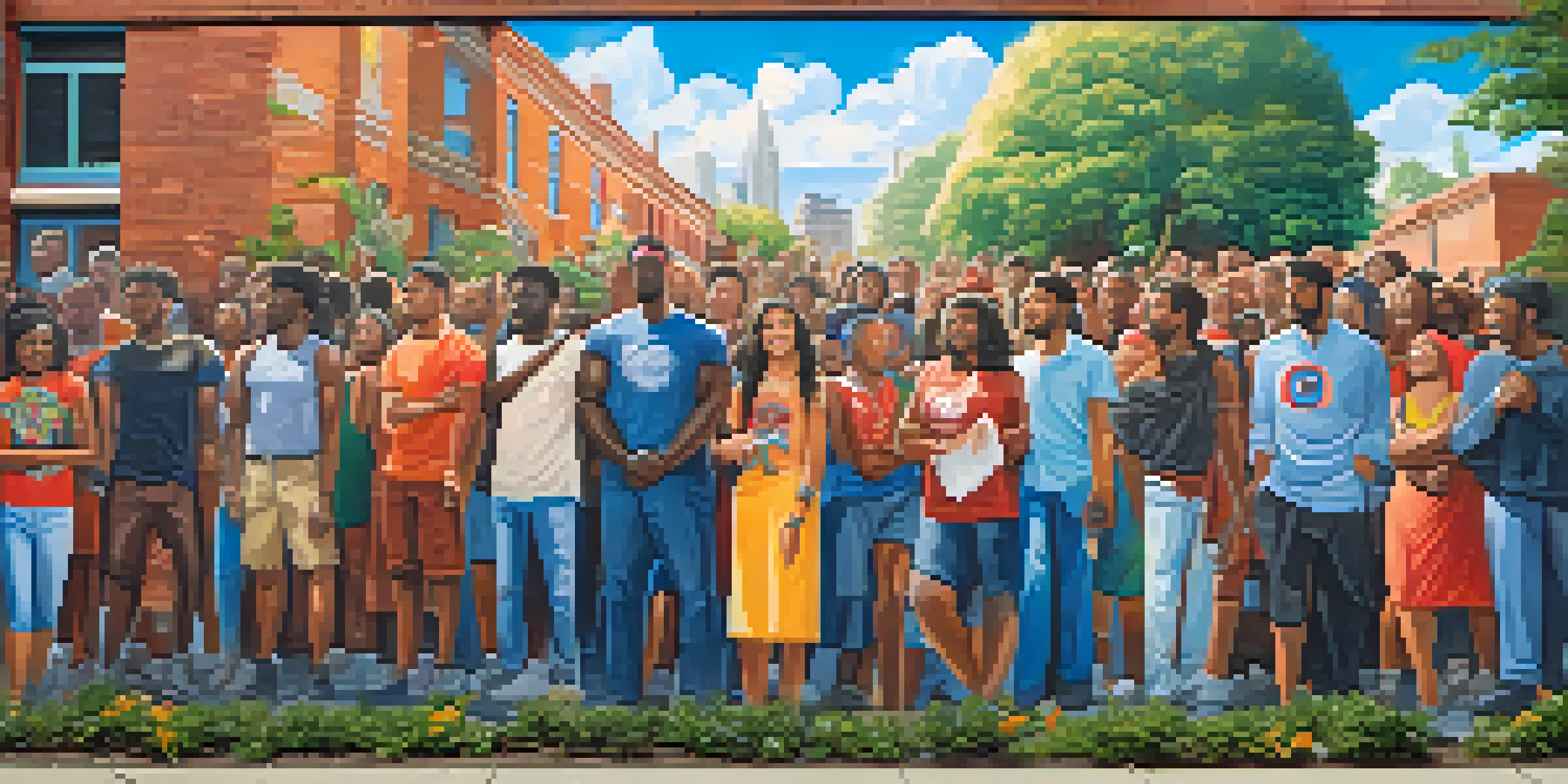 A colorful mural showing a diverse group of people peacefully protesting, surrounded by symbols of unity and cultural pride.