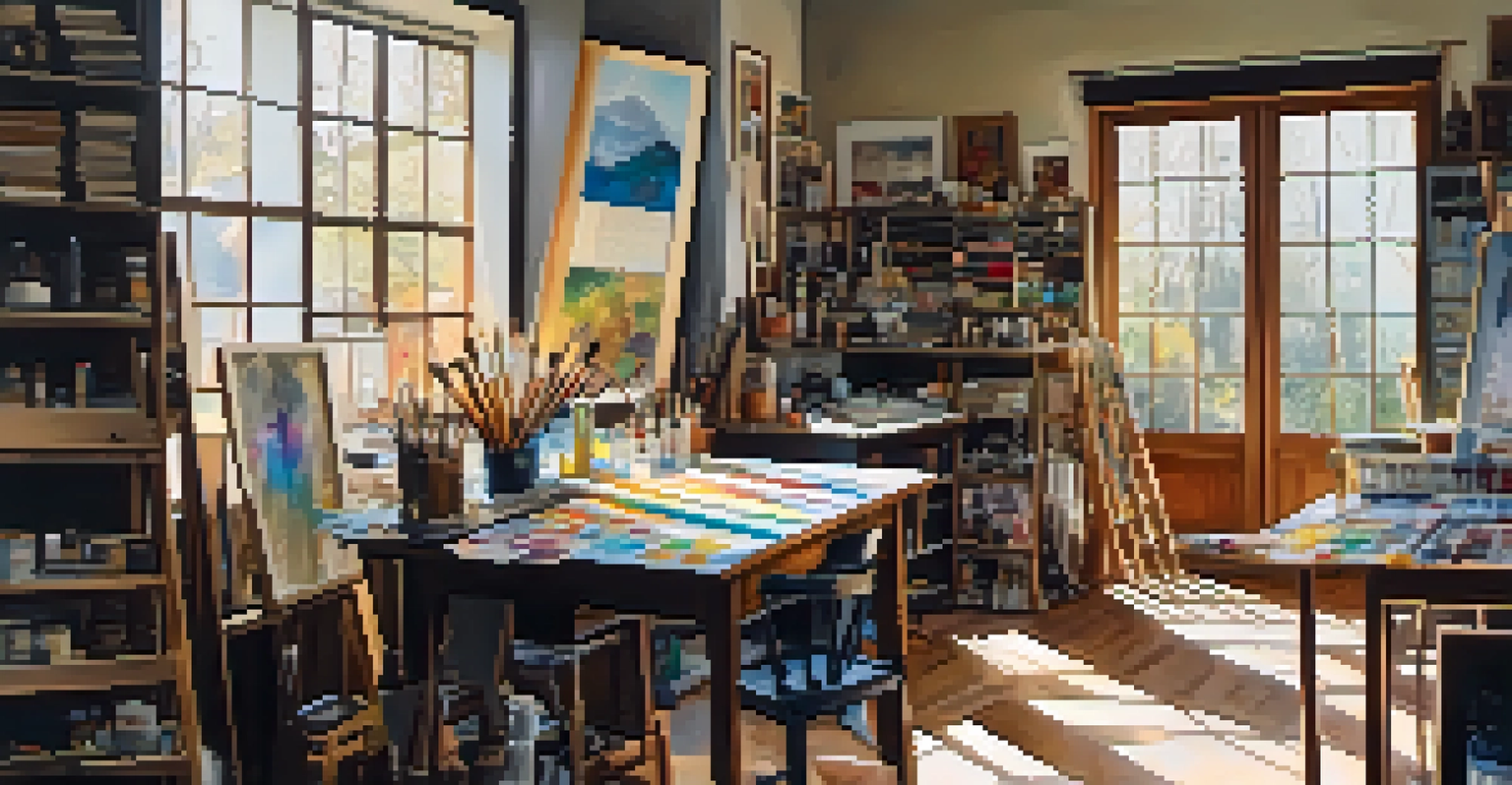 An art studio filled with mixed media artworks and supplies, with sunlight highlighting the textures and colors.