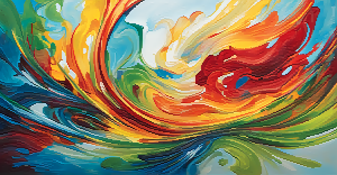 A colorful abstract artwork with swirling shapes and a textured background, evoking emotions through vibrant colors and dynamic forms.