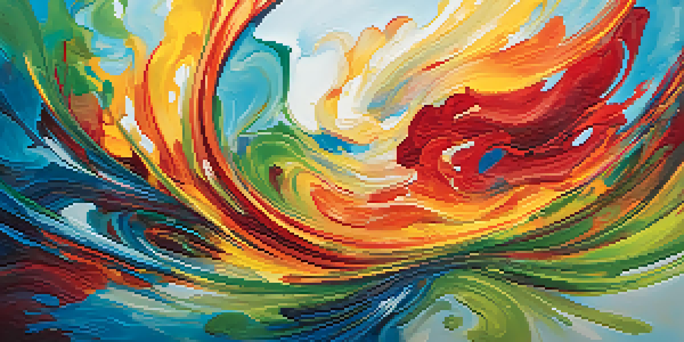 A colorful abstract artwork with swirling shapes and a textured background, evoking emotions through vibrant colors and dynamic forms.