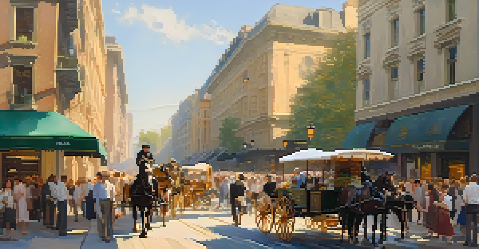 A busy city street in the late afternoon sun, filled with people, horse-drawn carriages, and vibrant flower vendors.