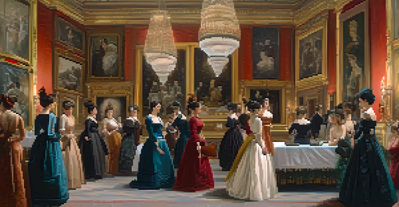 A group of female artists in a late 19th-century exhibition hall, engaged in discussion among their artworks.