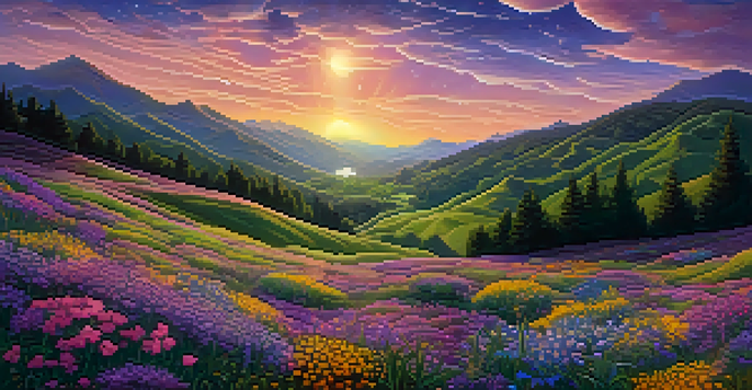 A colorful fractal landscape at sunset with intricate patterns, green hills, and blooming wildflowers.