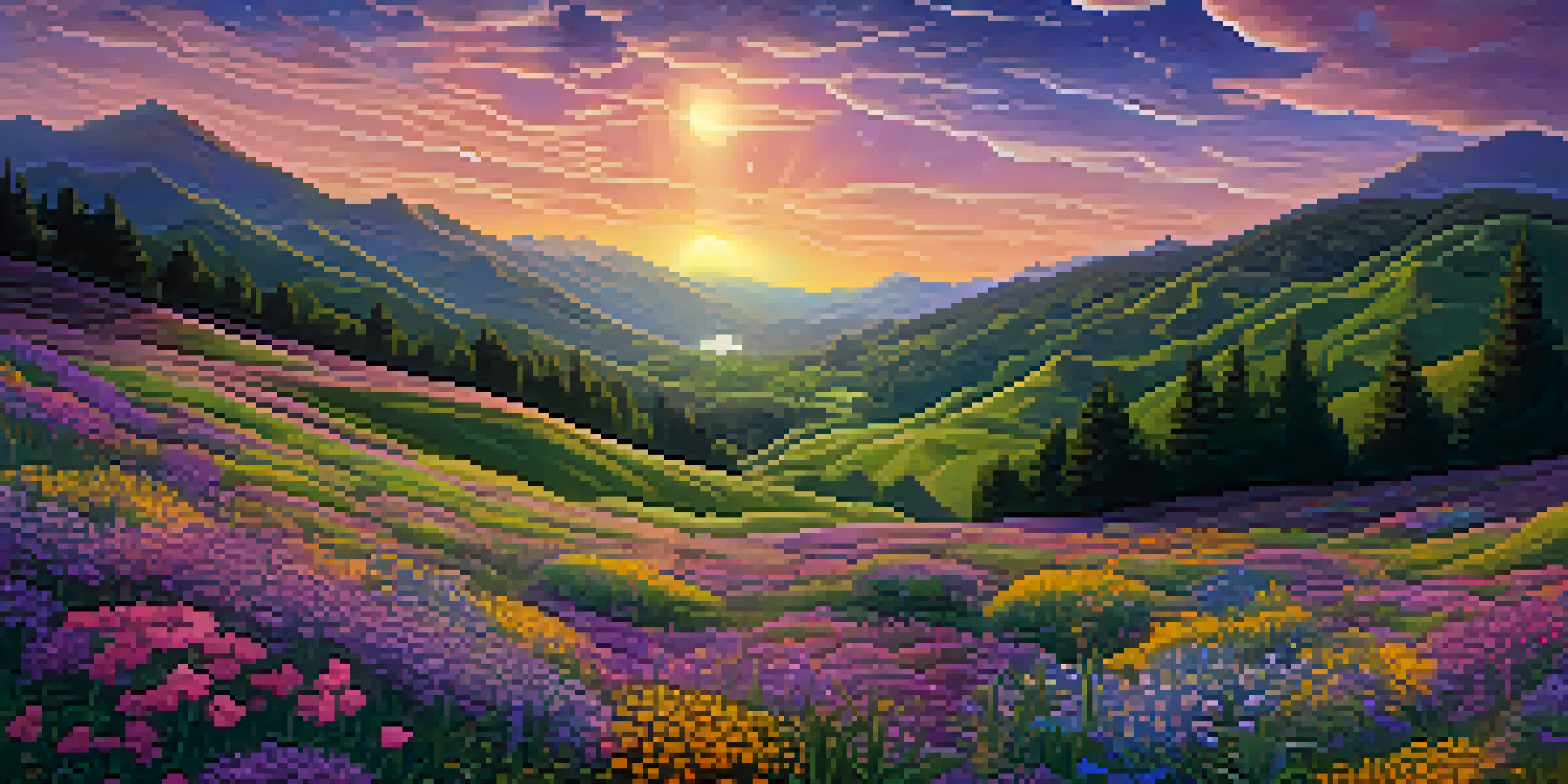 A colorful fractal landscape at sunset with intricate patterns, green hills, and blooming wildflowers.