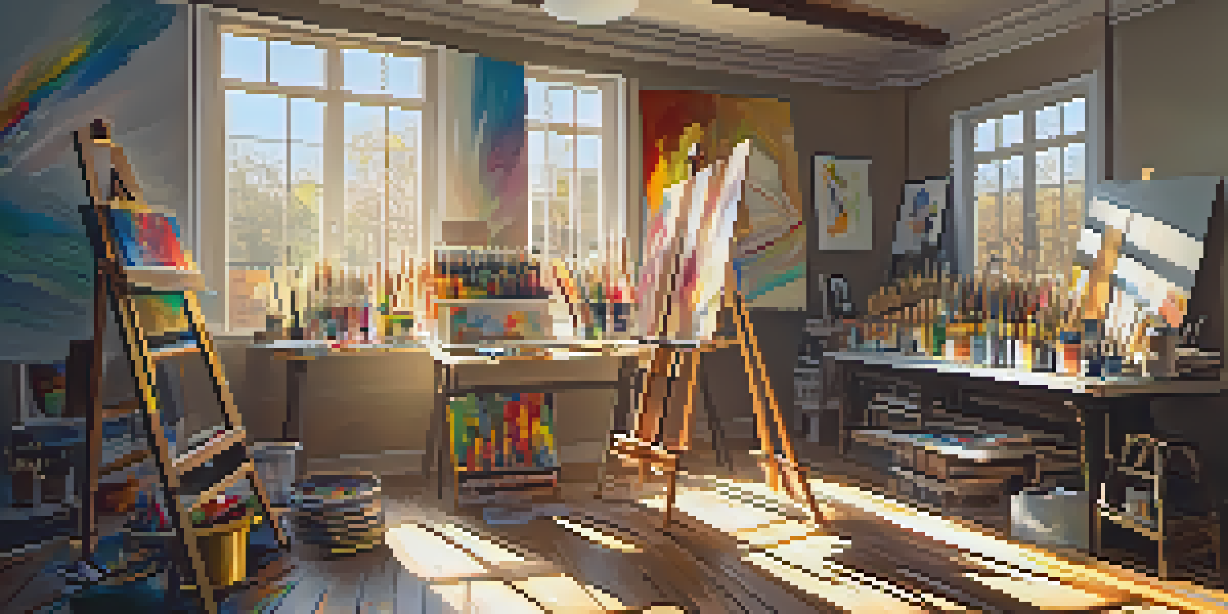 A colorful art studio with sunlight streaming in, showcasing an easel with a partially finished abstract painting and various art supplies.