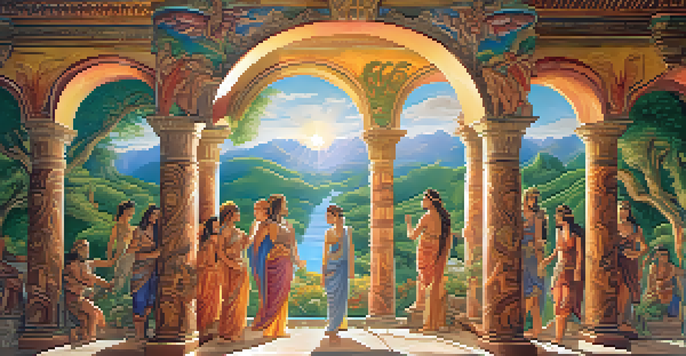 A colorful fresco mural illustrating mythical figures in a lush landscape, with rich colors and textured details.