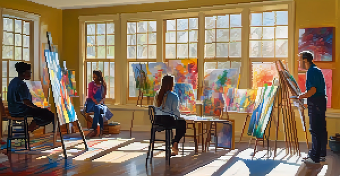 A peaceful art therapy session with individuals painting in a sunlit room, surrounded by colorful abstract artworks.