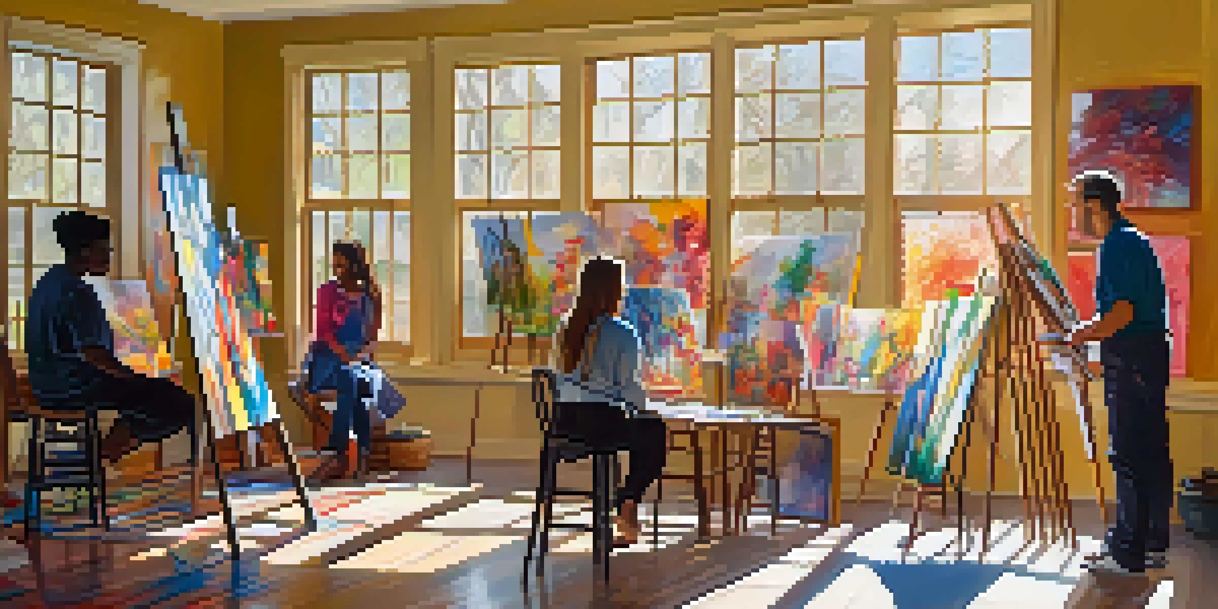 A peaceful art therapy session with individuals painting in a sunlit room, surrounded by colorful abstract artworks.