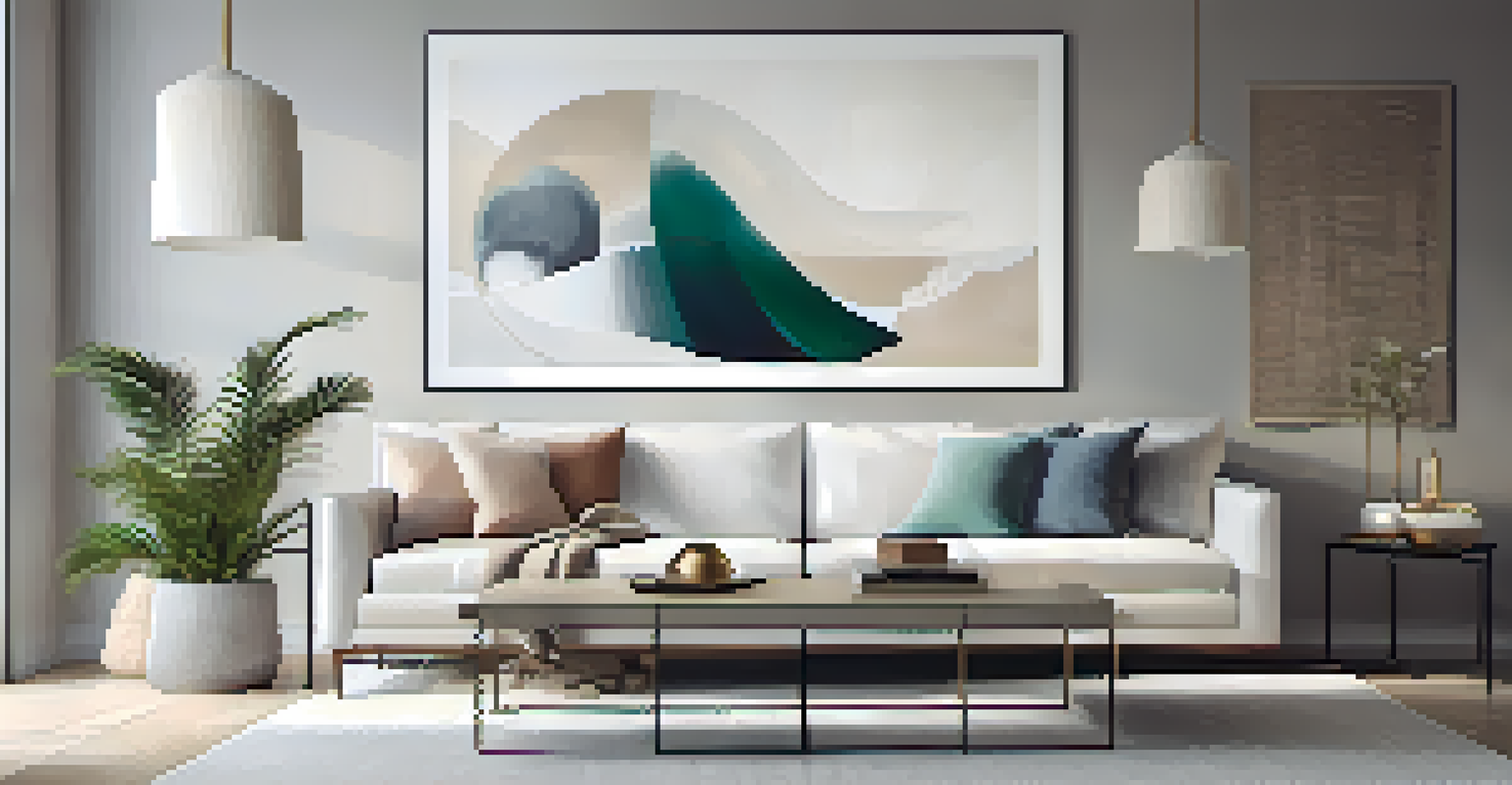 A modern living room showcasing a curated collection of art on the wall above a cozy sofa.