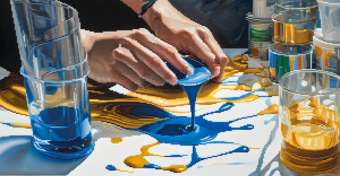 An artist's hands pouring colorful acrylic paints onto a canvas, with various art supplies surrounding them.