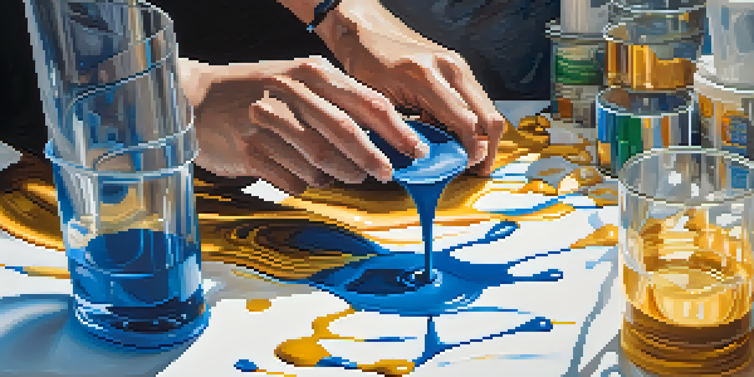 An artist's hands pouring colorful acrylic paints onto a canvas, with various art supplies surrounding them.